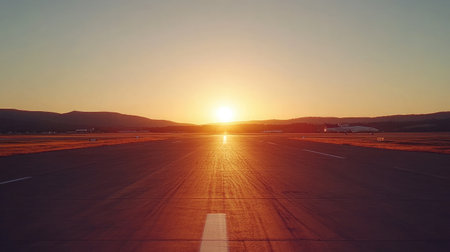 A breathtaking view of a runway at sunrise showcases the peaceful ambiance of an empty airport, highlighting the promise of travel and new beginnings in a serene setting.の素材