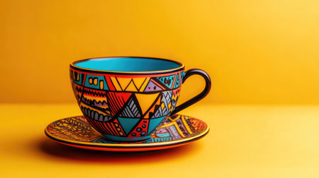 This image features a colorful ceramic cup and saucer adorned with vibrant geometric patterns, perfectly set against a bright yellow background for a striking visual appeal.の素材