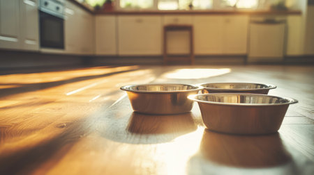 A pair of gleaming stainless steel pet bowls rests on a warm wooden floor in a cozy kitchen, illuminated by soft natural light, perfect for feeding beloved pets.の素材
