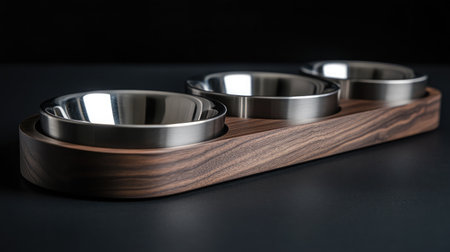 Elegant modern three-bowl serving tray featuring stainless steel bowls set in a stylish wooden base, ideal for presenting appetizers, snacks, or dips during gatherings.の素材