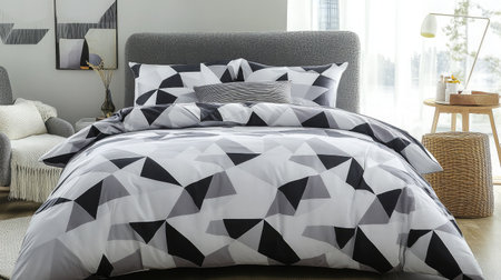This modern bedroom showcases a stylish bedding set featuring geometric patterns in black and white, creating an inviting atmosphere filled with natural light.の素材