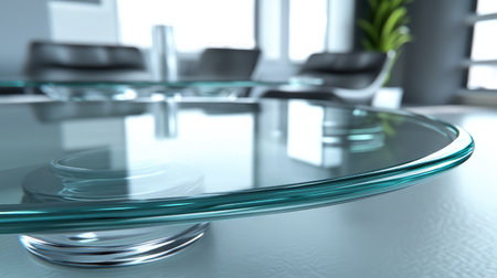 A modern glass tabletop enhances an office space, capturing light and reflecting surroundings, ideal for business meetings and creative collaboration in a sophisticated environment.の素材