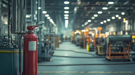 A vibrant industrial workshop scene featuring a fire extinguisher prominently positioned in the foreground, showcasing machinery and a safe production environment in the background.の素材