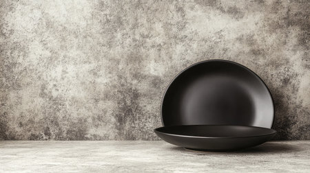 A minimalist black plate positioned elegantly on a textured gray background, perfect for showcasing modern dining aesthetics and enhancing restaurant decor ideas with a stylish touch.の素材