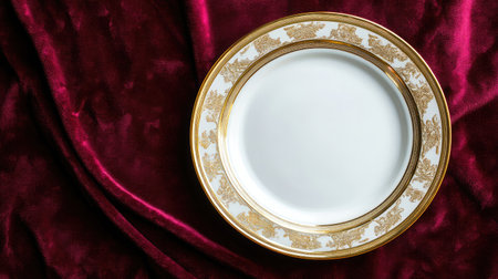 A beautiful white plate with intricate gold designs rests elegantly on a rich red velvet fabric, creating a striking contrast ideal for refined dining or artistic still life presentations.の素材