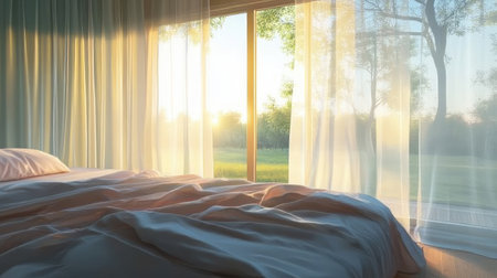 A tranquil bedroom scene featuring soft bedding and sheer curtains gently billowing with the morning breeze, inviting warm sunlight and a refreshing view of nature outside.の素材