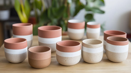 Discover a charming collection of modern handmade ceramic pots in soft neutral shades, ideal for showcasing indoor plants and enhancing home decor with a touch of elegance.の素材