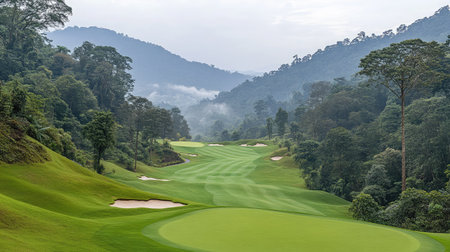 A serene view of a lush green golf course nestled in the mountains, wrapped in a mystical fog, perfect for showcasing the beauty of outdoor sports and nature.の素材