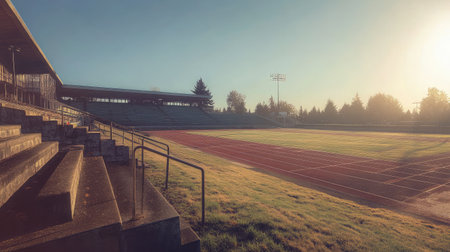 A serene image of an empty stadium at sunrise, showcasing bleachers alongside a track and field area, highlighting natural beauty and tranquility in a recreational setting.の素材