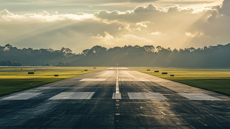 A beautiful runway under a captivating sunset, featuring stunning clouds and soft light, presenting a serene atmosphere ideal for travel and adventure enthusiasts.の素材