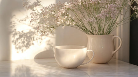 A serene scene featuring a simple mug and a bouquet of delicate flowers in warm sunlight, perfect for evoking feelings of peace and comfort in a cozy home setting.の素材