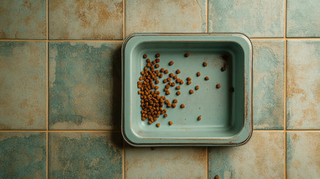 A serene image of an empty pet food bowl containing scattered kibble, placed on a textured tiled surface, ideal for themes of pet care and domestic life.の素材