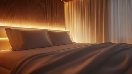 A serene modern bedroom with soft lighting and plush bedding, designed for relaxation. The warm tones create a calming atmosphere, perfect for restful sleep and rejuvenation.の素材