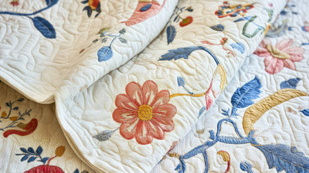 This beautiful quilt features exquisite embroidery with vibrant floral patterns, making it a stunning addition to any home decor or fabric collection.の素材