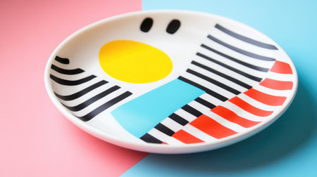 A vibrant plate showcasing a playful design on a pastel background. Perfect for adding a touch of artistic flair to any dining or kitchen space.の素材