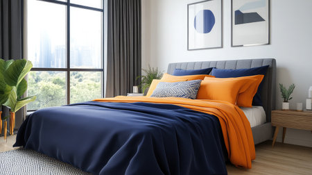 Elegant modern bedroom featuring large windows that invite natural light, decorated with vibrant orange and blue bedding, creating a serene and cozy atmosphere.の素材
