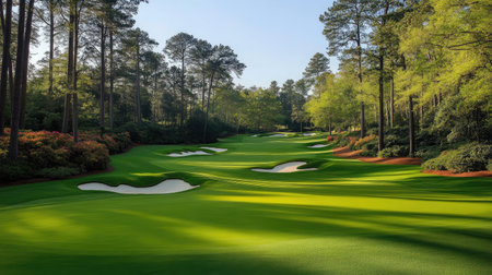 Captivating view of a tranquil golf course featuring manicured greens, gentle contours, and sunny skies, perfect for sport enthusiasts and nature lovers alike.の素材
