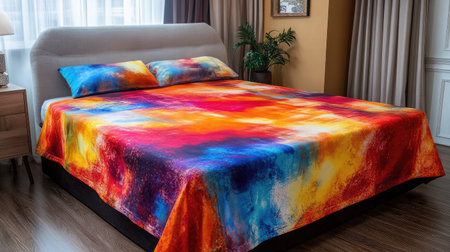 A vibrant and colorful bedspread covers a stylish modern bed in a cozy bedroom, enhancing the inviting decor with a cheerful and warm atmosphere.の素材