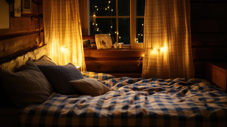 A serene cabin bedroom scene featuring a checkered blanket, soft pillows, and gentle lighting, creating a warm atmosphere perfect for relaxation and comfort.の素材
