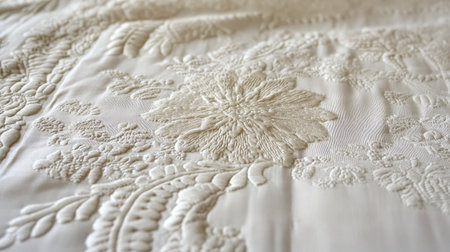 Close-up view of an elegant embroidered fabric featuring intricate floral patterns and textures, perfect for home decor and textile design inspiration projects.の素材