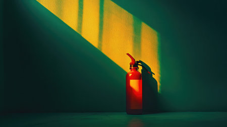 A striking red fire extinguisher stands alone against a green wall, illuminated by diagonal sunlight, creating a calm yet alert atmosphere in a minimalist space.の素材