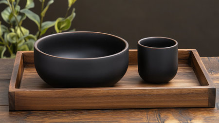 This elegant black ceramic bowl and cup set rests on a wooden tray, complemented by soft greenery in the background, perfect for a minimalist dining aesthetic.の素材