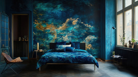 A serene bedroom showcasing a stunning blue mural, cozy furnishings, and tasteful decor. Perfect for those seeking a modern and tranquil living space.の素材