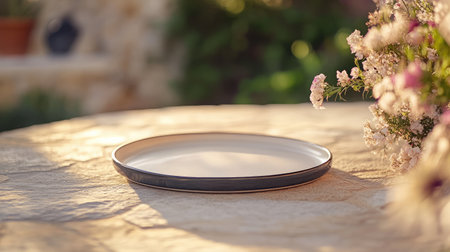 A beautiful round plate set in an outdoor space, surrounded by soft flower arrangements and natural sunlight, creating a serene and inviting atmosphere perfect for dining.の素材