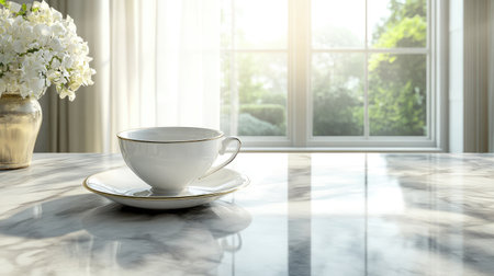 A beautifully styled scene featuring an elegant tea cup on a marble table, surrounded by soft sunlight and a charming floral arrangement, creating a serene atmosphere.の素材