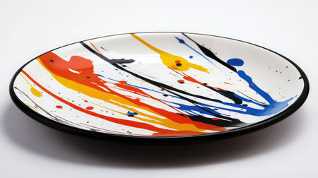 A vibrant and artistic plate featuring bursts of color in an abstract design. Perfect for decorative purposes or as a unique statement piece in any dining setting.の素材