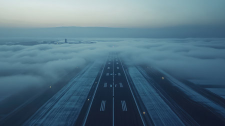 This image captures a tranquil aerial view of an airport runway enveloped in low-lying clouds during the early morning hours, creating a serene and atmospheric scene.の素材