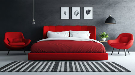 Stylish modern bedroom featuring a bold red bed and accent chairs, adorned with a striped rug and artistic wall decor, ideal for contemporary interior design inspiration.の素材