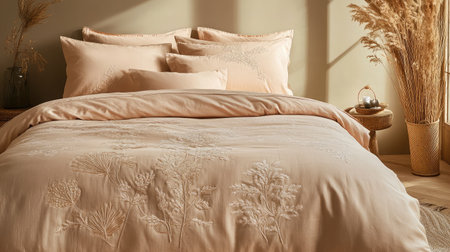 A beautifully arranged bedroom with soft beige bedding and elegant floral embroidery, reflecting a cozy and tranquil atmosphere perfect for modern home decor.の素材