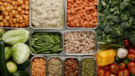 Colorful display of meal preparation featuring fresh vegetables and chicken in containers, promoting a healthy lifestyle and balanced nutrition. Perfect for meal planning ideas.の素材