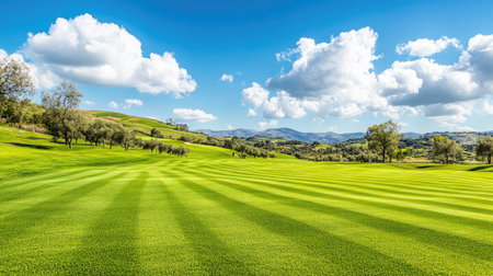 A beautiful view of a lush green golf course under a bright blue sky dotted with fluffy white clouds, offering a serene backdrop for outdoor leisure and recreation.の素材