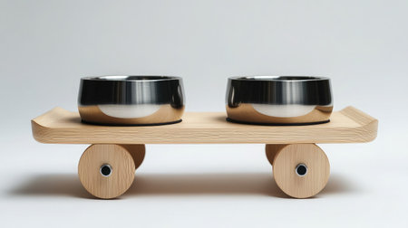 This image features a modern pet food station with two sleek stainless steel bowls on a stylish wooden tray with wheels, perfect for contemporary spaces and pet care needs.の素材