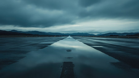 A tranquil view of an airport runway at twilight, featuring a reflective surface and dramatic clouds above, creating a perfect backdrop for travel-related visuals.の素材