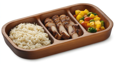 Enjoy a well-balanced meal featuring grilled chicken, fluffy rice, and a medley of fresh vegetables, beautifully arranged in a wooden tray for an appetizing presentation.の素材