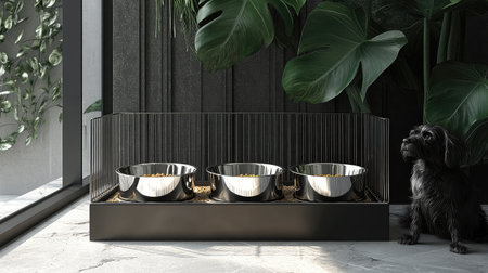 A stylish modern pet feeding station featuring elegant bowls, lush greenery, and a curious dog, perfect for contemporary interiors and pet-friendly homes.の素材