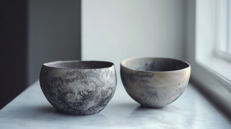 This image features two unique artisan bowls resting on a marble surface, illuminated by natural light, highlighting their textures and soft earthy tones in a minimalist setting.の素材
