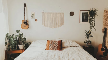 This image showcases a cozy bedroom adorned with bohemian decor, featuring acoustic guitars, lush green plants, and soft textiles, creating a serene and inviting atmosphere.の素材