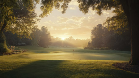 A peaceful sunrise casts a warm glow over a golf course, highlighting the lush greenery, gentle mist, and serene atmosphere, perfect for relaxation and outdoor enjoyment.の素材