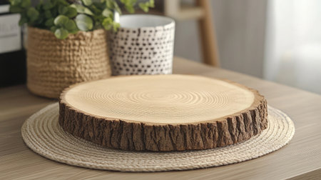 This image showcases a natural wood slice placed on a textured placemat, complementing a cozy home decor setting with a potted plant, perfect for enhancing interior aesthetics.の素材