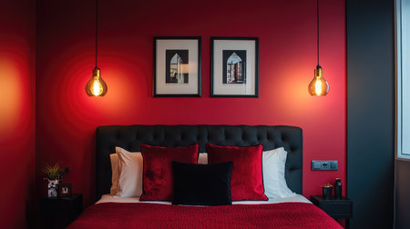 This cozy bedroom features striking red accent walls, stylish lighting, and elegant decoration, creating a warm and inviting atmosphere perfect for relaxation and rest.の素材