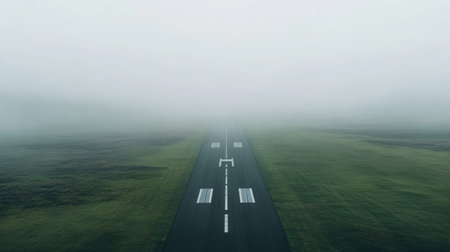 A hauntingly beautiful image of a runway shrouded in thick fog, evoking a sense of mystery and adventure, perfect for travel or aviation themes.の素材