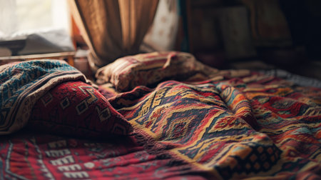 A cozy bedroom scene showcasing colorful textiles and patterned fabrics on a bed, illuminated by soft natural light, creating a warm and inviting atmosphere for relaxation.の素材