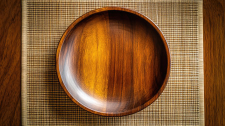 A beautifully crafted wooden bowl rests atop a natural bamboo mat, showcasing a rich texture that enhances any dining experience with warmth and style. Perfect for serving.の素材