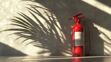 A striking red fire extinguisher stands against a textured wall, with elegant palm shadows creating a unique interplay of light and dark, illustrating essential safety measures in style.の素材
