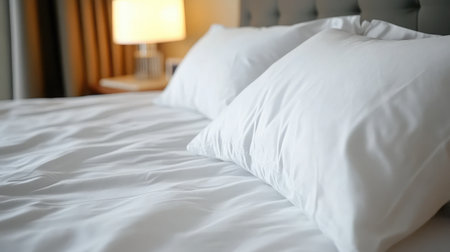 Experience the comfort of a beautifully arranged hotel room featuring soft white pillows and sheets, creating a serene and inviting atmosphere for restful sleep.の素材