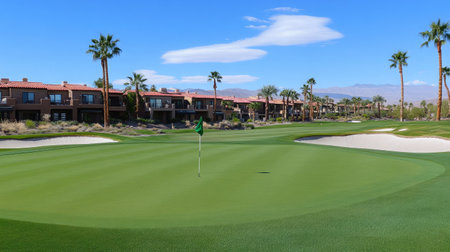 A picturesque golf course showcases vibrant green turf, palm trees, and elegant residential homes under a clear blue sky, creating a tranquil resort atmosphere.の素材